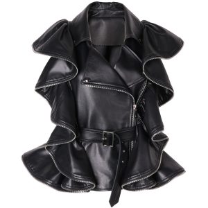 GENUINE GRAIN LEATHER WOMAN RUFFLES SLEEVELESS VEST GILET JACKET
