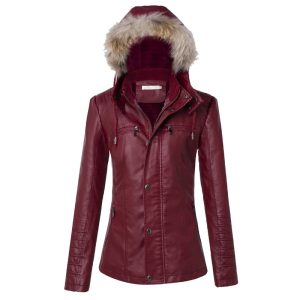 Women Fur Collar Leather Coat