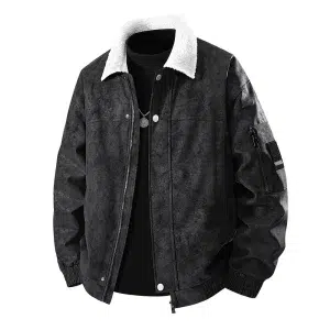 Autumn Winter Men Plush Jacket Vintage Contrast Color Turn Down Collar Male Leather Coat Long Sleeve Versatile Man Outerwear